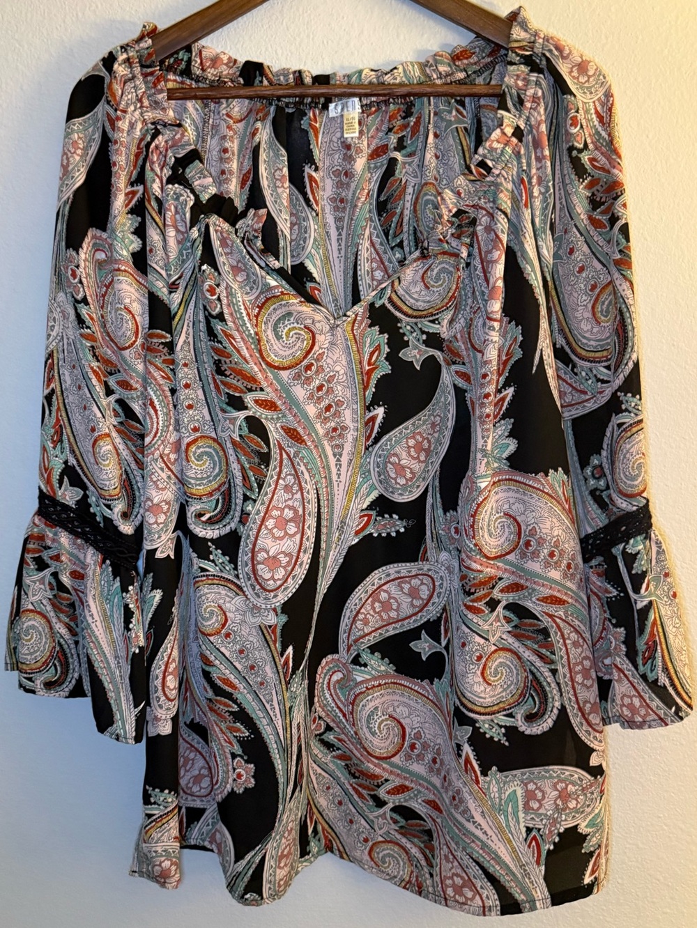Spense Black Paisley Peasant Tunic with Multicolor Accents
